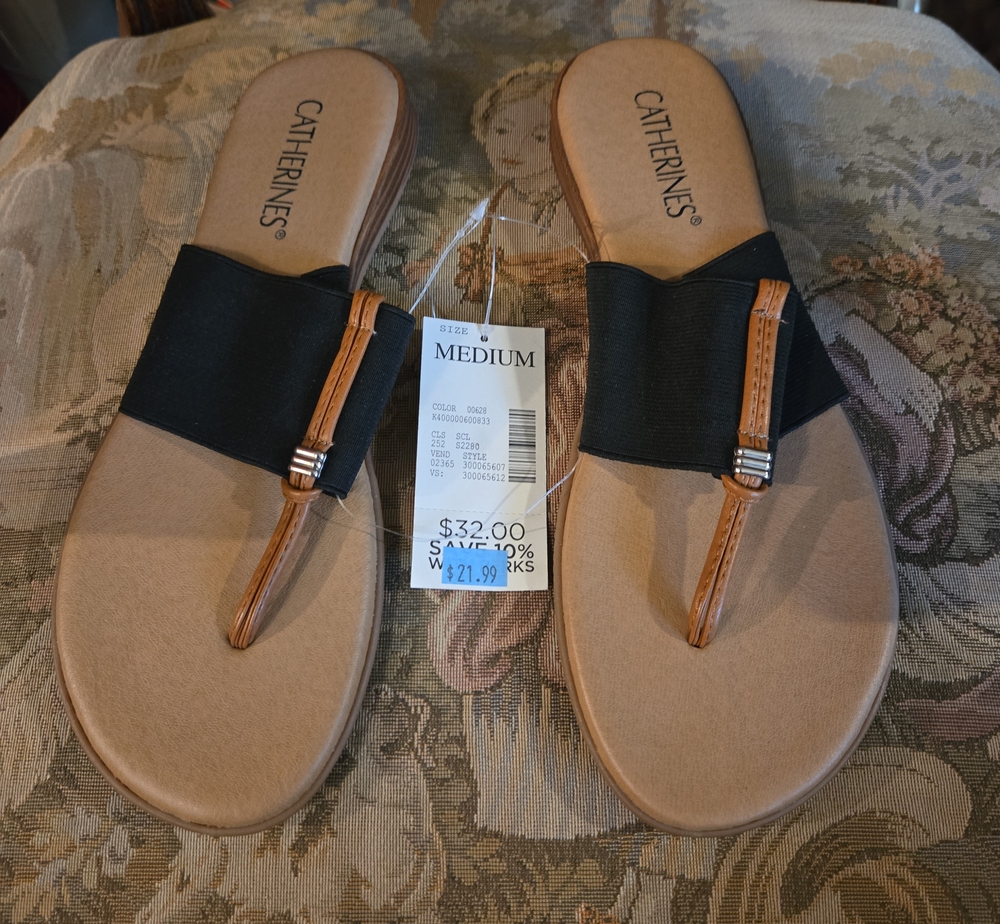Catherines Black Elastic Thong Sandals with Tan Accents